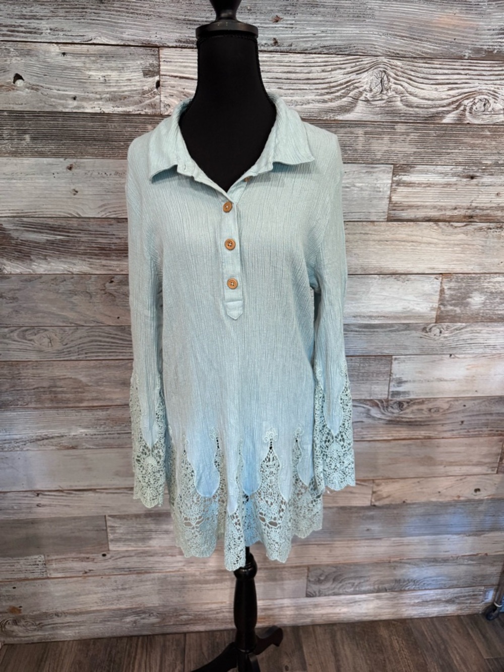 Soft Surroundings Pale Blue Lace-Trim Tunic